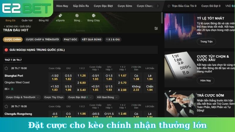 Đặt cược cho kèo chính nhận thưởng lớn